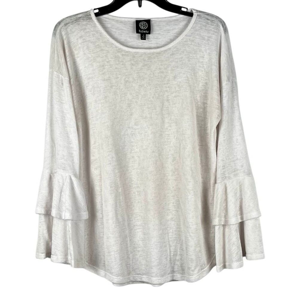 Bobeau White Thin Long-Sleeve Pullover Layered Ruffle Bell Sleeves Small